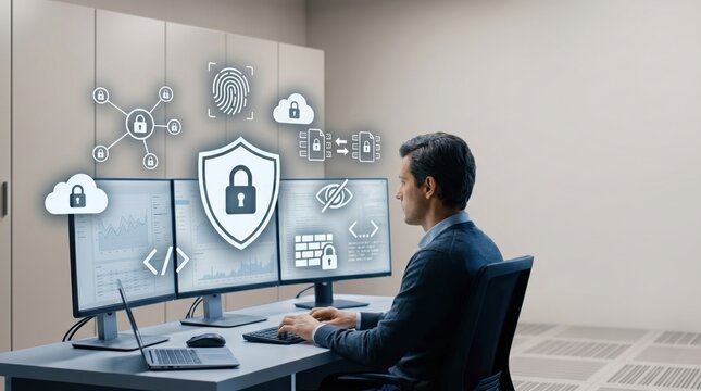 Cybersecurity specialist monitoring multiple computer screens displaying digital security icons including shield, fingerprint, cloud lock, firewall, code, and network graph in