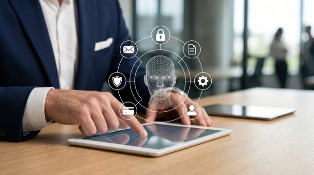 Cyber security artificial intelligence face identity protection data privacy concept with wireframe head and icons for lock shield email settings user profile on tablet screen in