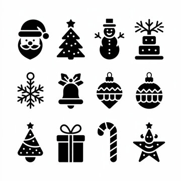 Christmas icons, black and white, festive symbols, holiday decorations, 12 pcs