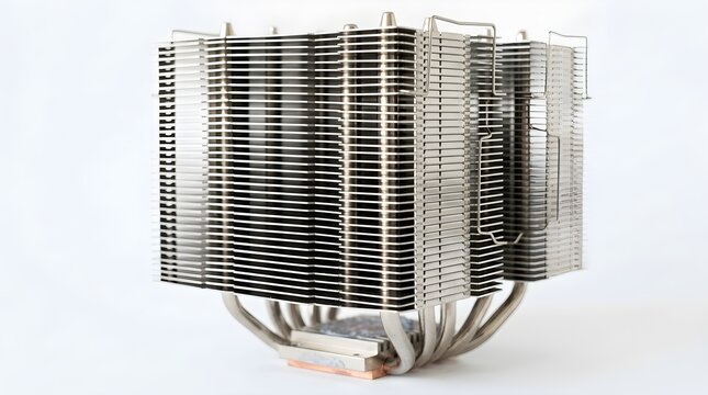 Close-up of computer CPU heatsink cooling system, isolated on white background, technology component, studio shot, detailed metal fins and heatpipes