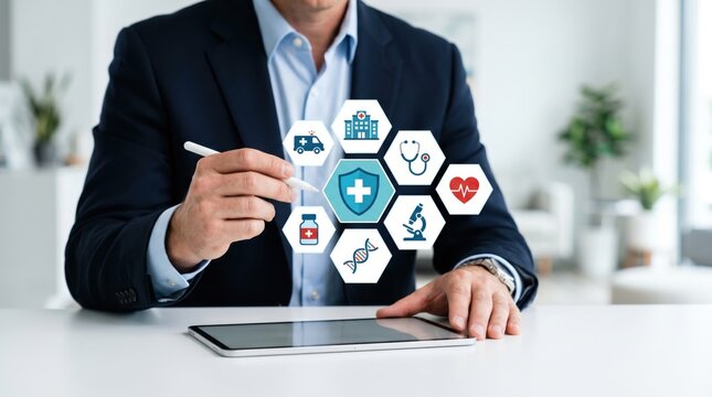 Doctor using digital tablet with medical icons, healthcare technology and modern medicine concept.