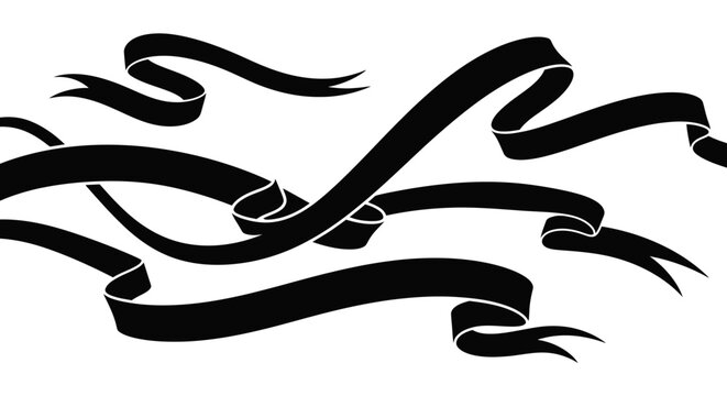 Dynamic black ribbon elements with flowing swirls and curves, isolated on white background.