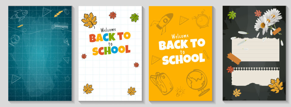 Back to school poster collection in vertical portrait orientation. Four creative templates with chalkboard, grid, autumn leaves, and doodles. Educational backgrounds for promotion and flyers.