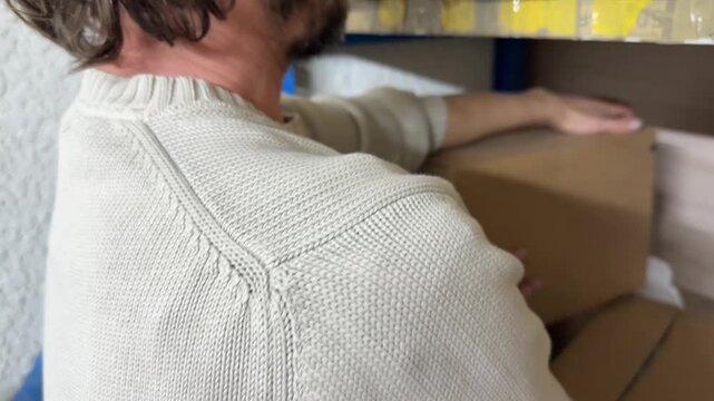 Man moving cardboard boxes in warehouse, handling packages and organizing storage space, logistics and manual work concept