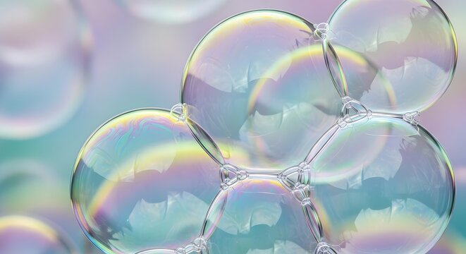 Iridescent bubbles on pastel background