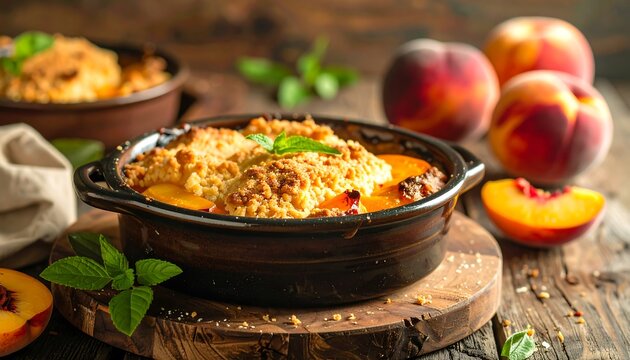 Rustic peach crumble in a dark dish on wood, with fresh peaches and mint garnish