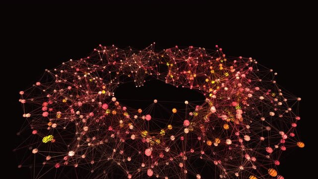Abstract 3D Torus network visualization featuring glowing synaptic connections in a plasma heatmap spectrum. Seamless loop of core-to-edge expansion and data activity. 4K UHD.