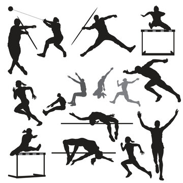 Silhouette athletes performing various track and field events with high jump long jump pole vault