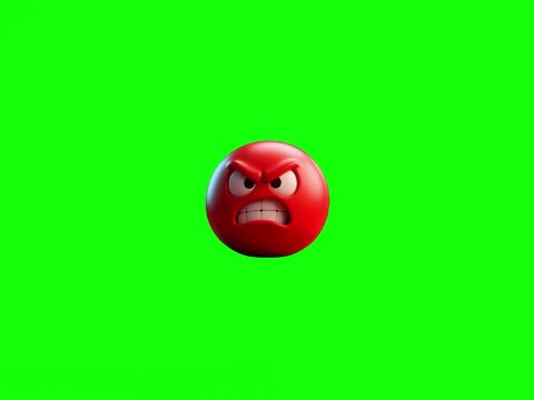Red Sphere of Fury: A close-up view of a vibrant red sphere, its animated features contorted in an expression of intense anger, against a vibrant green backdrop.