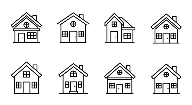 Simple black line drawings of various small house designs and layouts