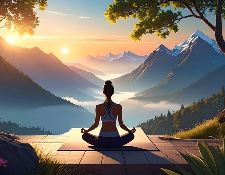 Serene mountain sunrise yoga meditation scene