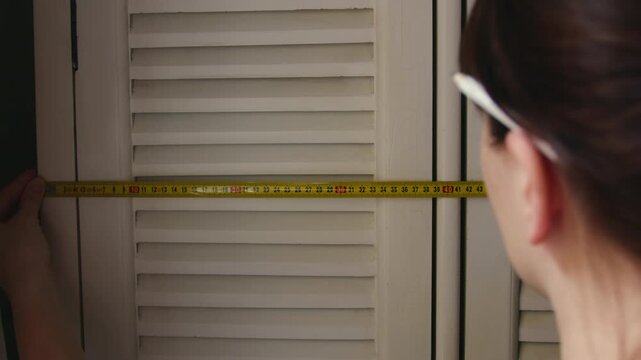 Close up of woman measuring wardrobe with tape measure, furniture sizing and home interior planning concept. High quality 4k footage