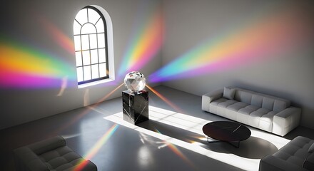 Rainbow prism light effect illuminating a cat sitting beside a record player in a room.