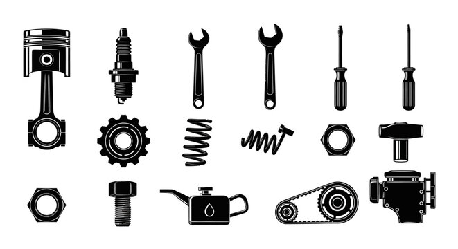 Comprehensive Car Engine Parts and Auto Mechanic Tools Black Silhouettes Collection on Isolated White Background