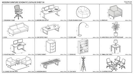 Modern furniture schematic catalog sheet with isometric views © S.Siam