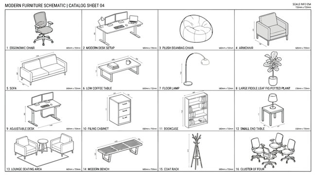 Modern furniture schematic catalog sheet with isometric views