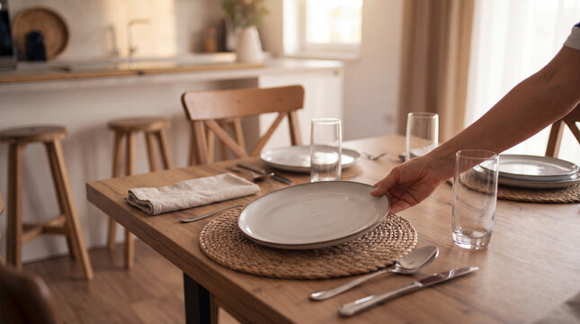 Close up of a person setting a modern dining table with plates and glasses for a family meal.