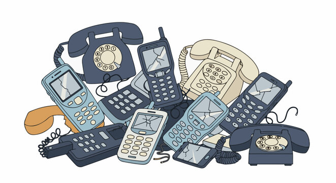A pile of old telephones and mobile phones, some with cracked screens