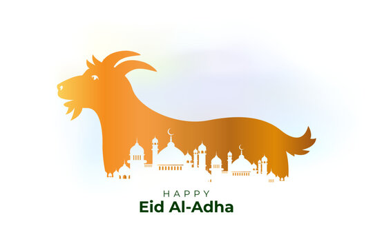 Happy Eid Al-Adha text with a vector illustration of a goat and a mosque. Concept for an Islamic Bakrid festival card.