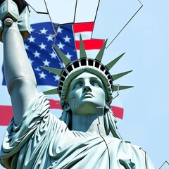 Obraz premium Statue fragmented in shattered mirror, US flag reflected, symbolizing national crisis, decay, problems