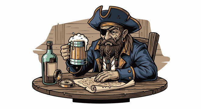 A grizzled pirate examines a map while holding a frothy beer at a wooden table