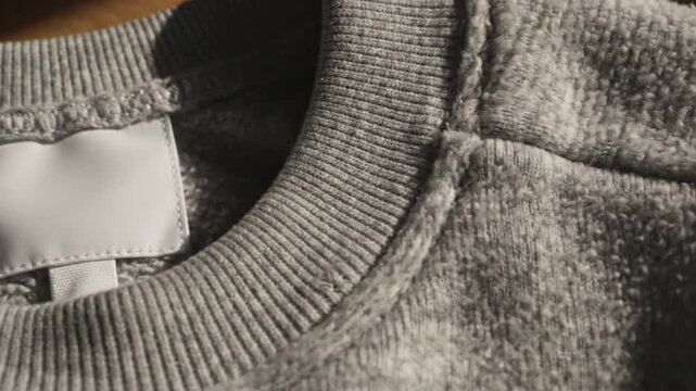 Detailed close-up shot of a blank white rectangular label stitched inside the collar of a gray heathered sweatshirt, highlighting the ribbed crew neck and textured fleece fabric.