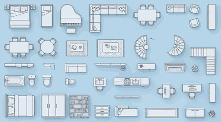 Furniture top view icons set for architectural floor plan © S.Siam