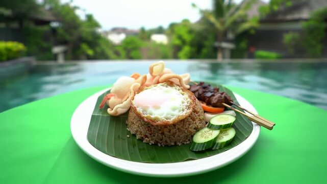 Delicious Indonesian Fried Rice Garnished With Egg And Prawn Crackers On A White Plate Against A Luxurious Outdoor Pool Background