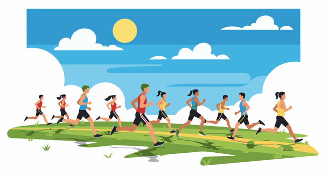 A group of runners of diverse genders and ethnicities compete on a sunny day