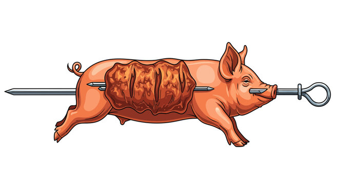 Roasted suckling pig on a rotisserie spit with cooked pork ribs