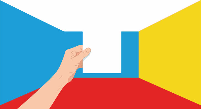 A hand holds a blank ballot for casting a vote within a room
