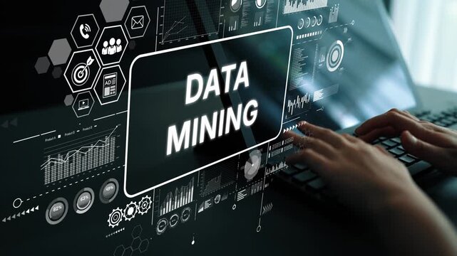 Data Mining Concept with Hands Typing on Keyboard and Digital Interface Elements Representing Technology and Analytics. Asymptotic smart data analytic.