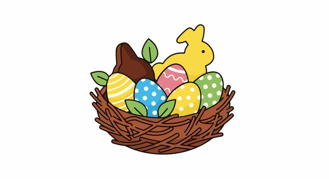 A nest filled with decorated Easter eggs, a chocolate bunny, and a yellow bunny