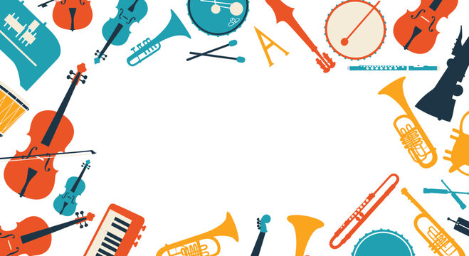 Colorful musical instrument border frame on white background