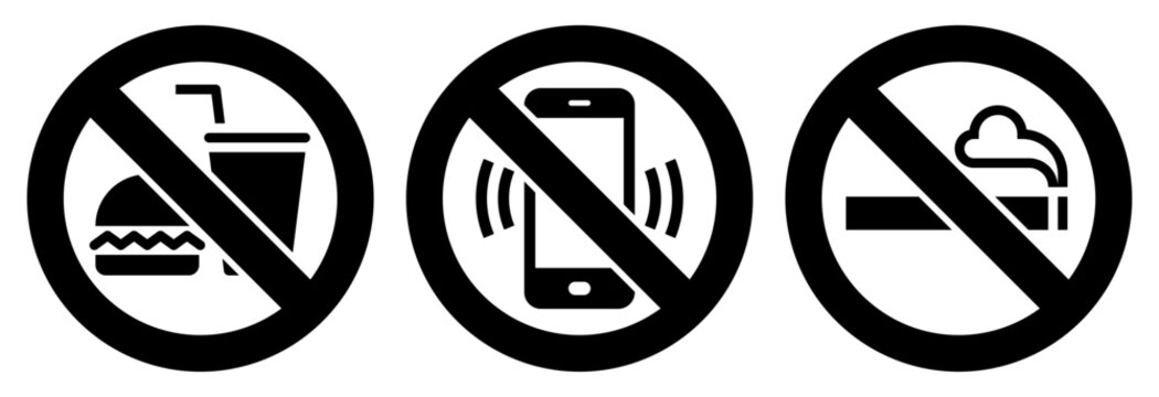 No eating and drinks allowed, No cell phone zone, No smoking symbols, stop, ban or prohibited icon set for public safety notices.