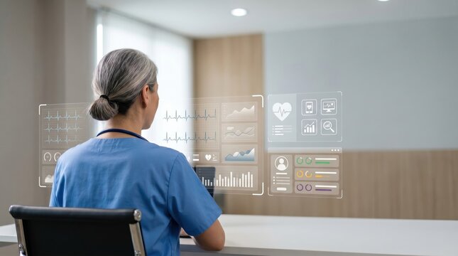 Female doctor analyzing patient health data on futuristic holographic interface in modern hospital, digital healthcare technology concept, medical records and statistics