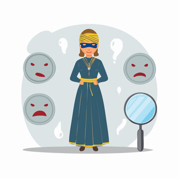 Woman in costume with mask and blindfold, surrounded by negative emotions and magnifying glass