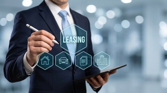 Businessman using tablet to select leasing options on digital interface, real estate property rental and car hire service concept with holographic hexagonal icons overlay.