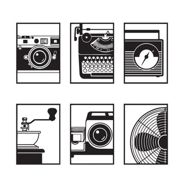 Vintage Retro Equipment Icon Set with Classic Camera, Typewriter, Radio, Coffee Grinder, and Electric Fan