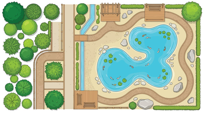 Top view of a park with a pond, walking paths, benches, and trees