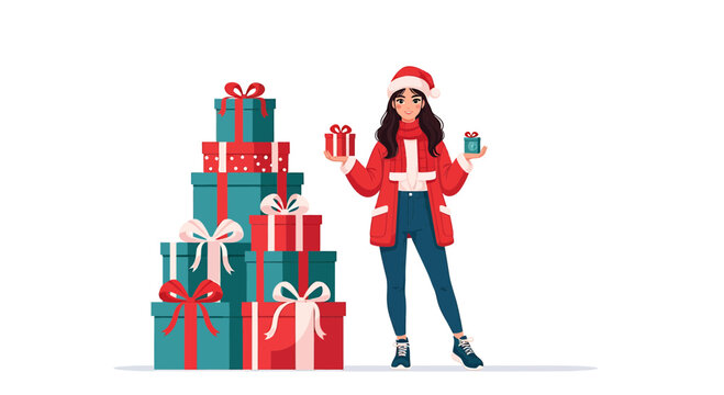 Young woman in Santa hat with large stack of Christmas gifts