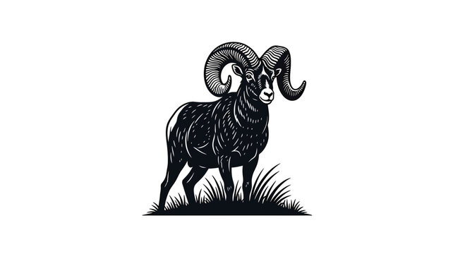 Majestic ram with large curved horns standing in grass