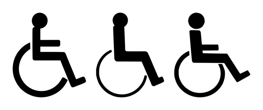 Wheelchair access symbol set with a simple solid black icon featuring accessibility, disability, inclusion with handicapped and public sign