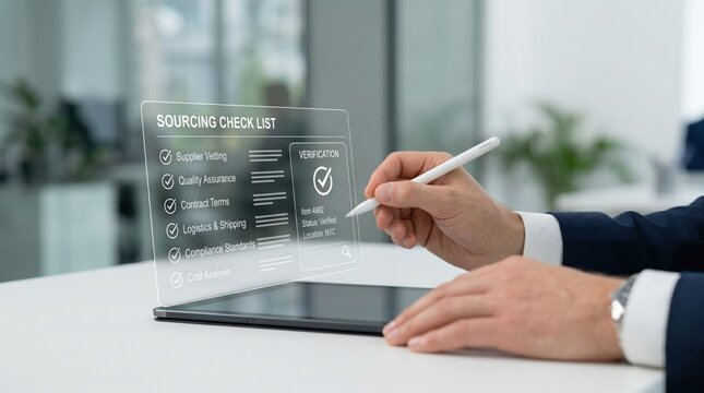 Hand using stylus to check items on sourcing checklist displayed on transparent interface, supplier verification and quality assurance process for logistics management.