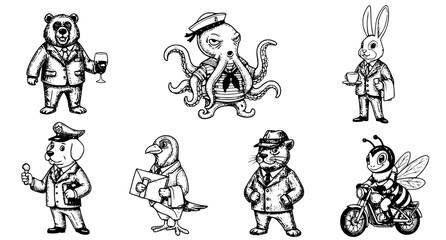Fototapeta premium Set of hand drawn anthropomorphic animal characters dressed in professional business attire and hobbies including a bear octopus rabbit dog bird cat and bee in a whimsical black and white ink sketch