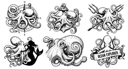 Set of nautical themed octopus illustrations featuring maritime symbols like a compass anchor trident mermaid and ocean explorer banner in a decorative black and white hand drawn ink art style © Neoviz Studio