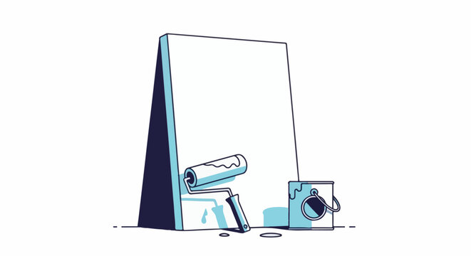 A paint roller rests against a blank surface next to a paint can