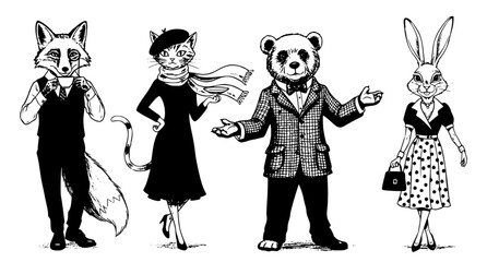 Anthropomorphic animal characters dressed in vintage formal clothing including fox cat panda and rabbit standing in a line as a detailed black and white ink style illustration collection © Neoviz Studio