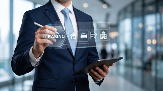 Professional businessman interacting with leasing concept icons including house, car, contract, and building on virtual screen, representing real estate and vehicle rental