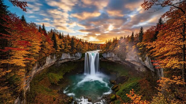 majestic waterfall cascades through autumn forest with vibrant golden foliage, bright sunburst and lens flare creates a magical atmosphere